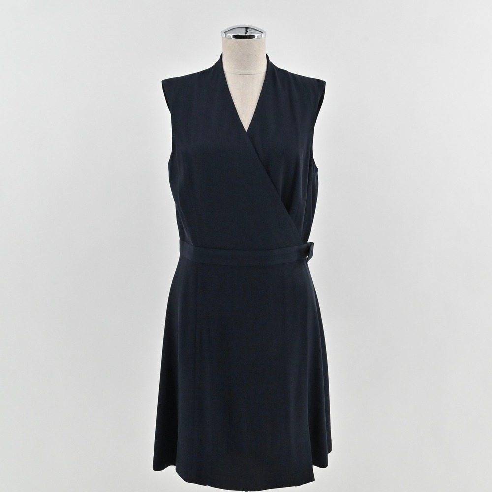 Theory Eldah Sleeveless Wrap Dress Size 10 Wool Navy Blue Quiet Luxury V‎ Neck